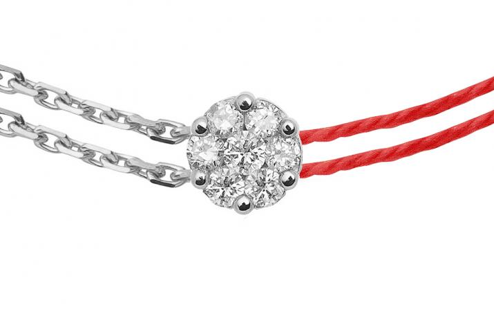 Bracelet, necklace and earrings red thread, diamonds and chain