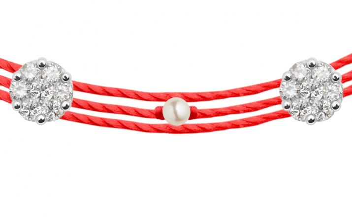 Bracelet, necklace and earrings red thread, diamonds and chain
