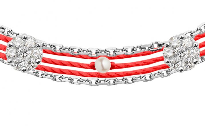 Bracelet, necklace and earrings red thread, diamonds and chain