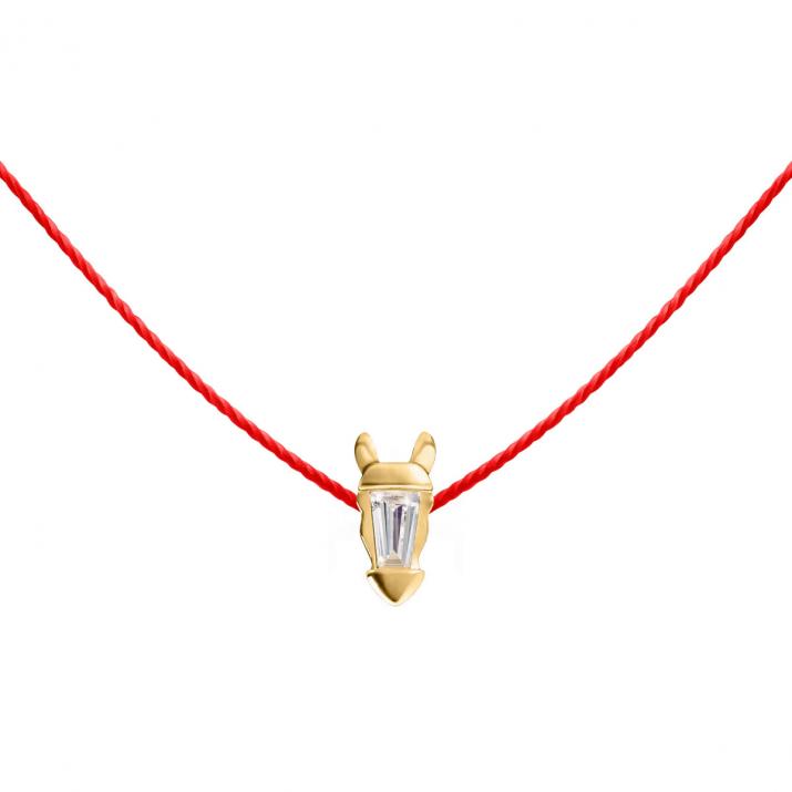 Gold and diamond horse jewelry on red thread - Redline