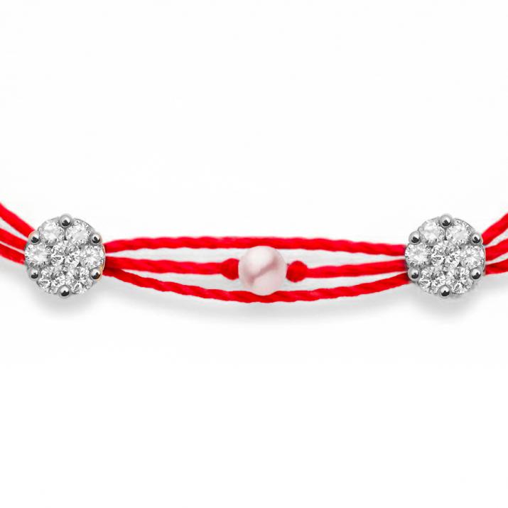 Bracelet, necklace and earrings red thread, diamonds and chain