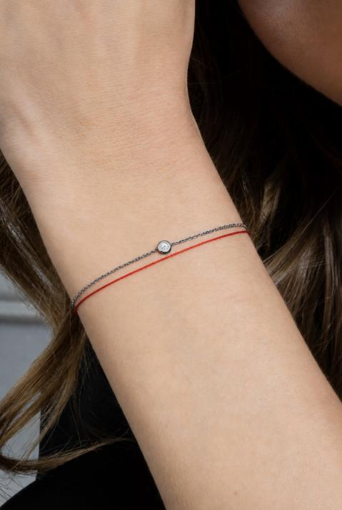 String Bracelet For Women with 0.05ct Round Diamond in Black Gold Bezel Setting - Redline - 0++