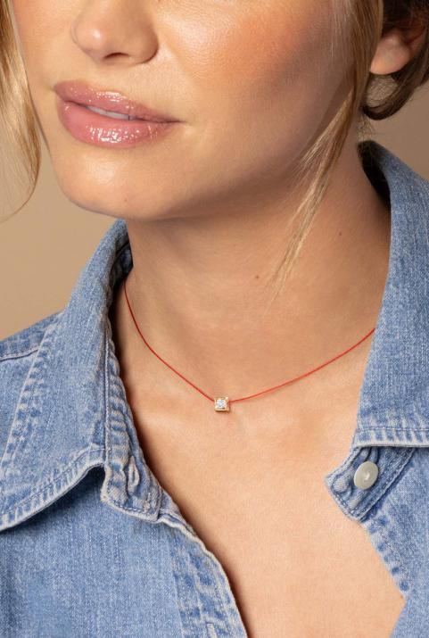 String Necklace For Women with 0.10ct Round Diamond in Rose Gold Square Setting - Redline - 0++