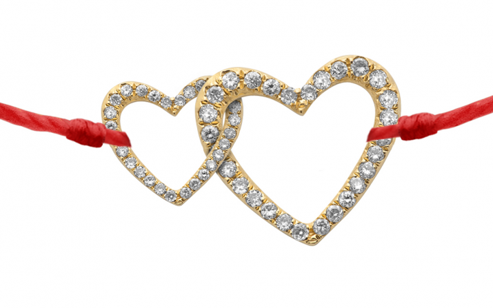 Diamond-paved 2 entwined hearts string bracelet in yellow gold - Redline - 0++