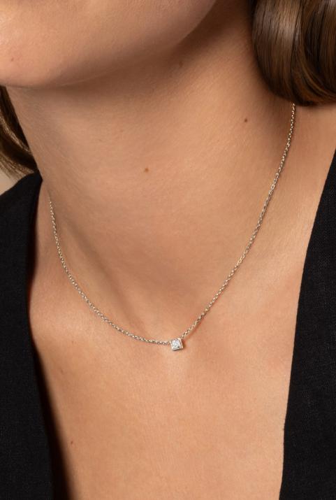 Chain Necklace For Women with 0.10ct Round Diamond in White Gold Square Setting - Redline - 0++