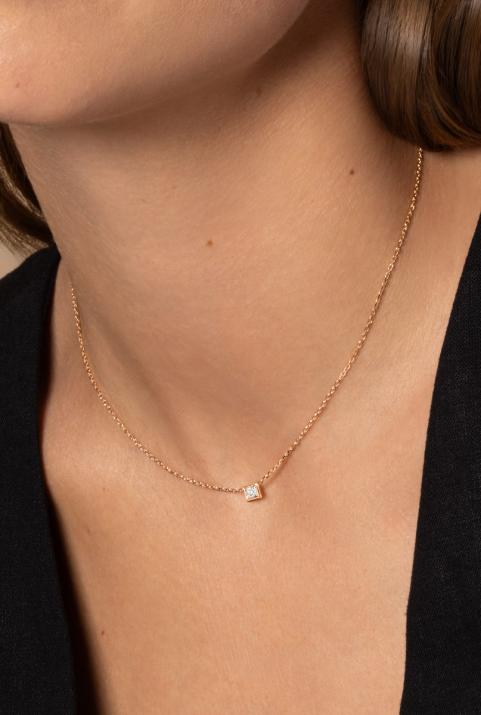 Chain Necklace For Women with 0.10ct Round Diamond in Rose Gold Square Setting - Redline - 0++