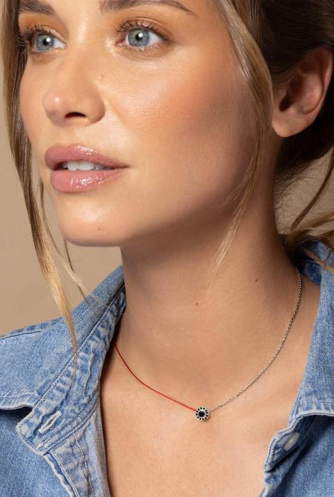 String-Chain Necklace with 0.26ct Round Black Diamond in White Gold Bezel Setting - Redline - 0++