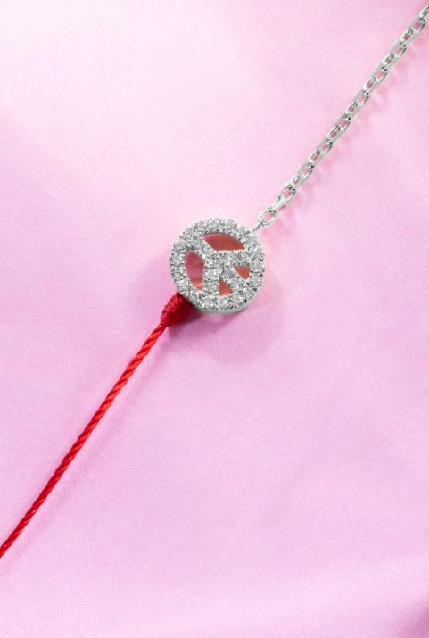 Diamond-paved Mini Peace string and chain bracelet in white gold - Redline - 0++