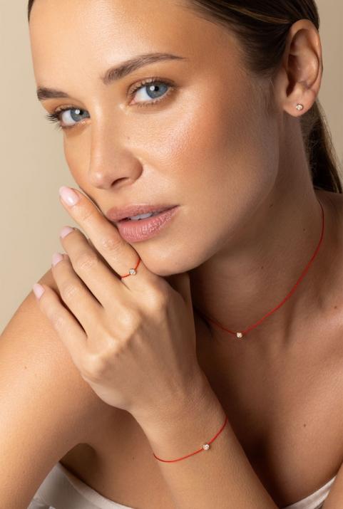 String Bracelet For Women with 0.10ct Round Diamond in Rose Gold Bezel Setting - Redline - 0++