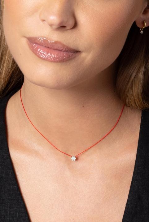 String Necklace For Women with 0.10ct Round Diamond in Yellow Gold Cluster Setting - Redline - 0++