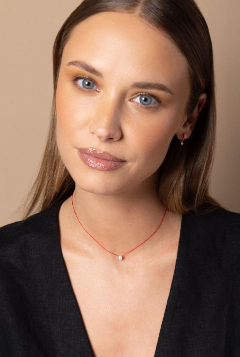 String Necklace For Women with 0.10ct Round Diamond in Yellow Gold Cluster Setting - Redline - 0++