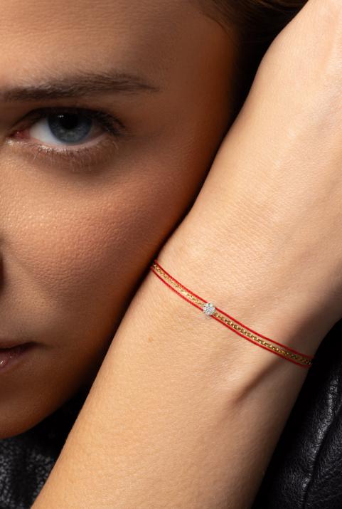 Twin Strings Bracelet For Women with 0.05ct Round Diamond in Yellow Gold Cluster Setting - Redline - 0++