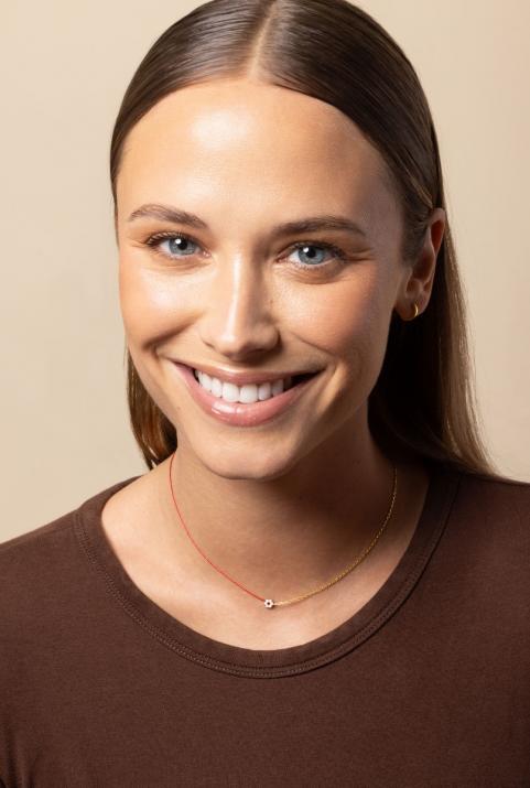 String-Chain Necklace with 0.05ct Round Diamond and Rose Sapphire in Yellow Gold Cluster Setting - Redline - 0++