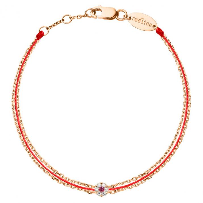 Thread and double chain bracelet in rose gold with 0.05 ct diamonds and pink sapphire - Redline