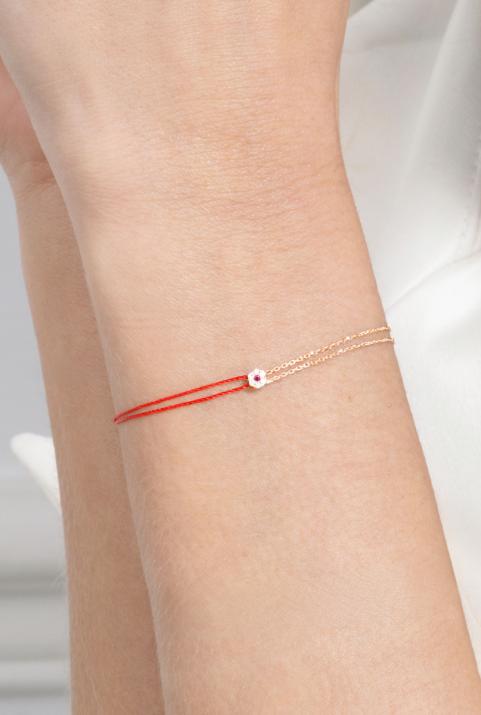 Thread and chain bracelet in rose gold with 0.05 ct diamonds and pink sapphire - Redline - 0++