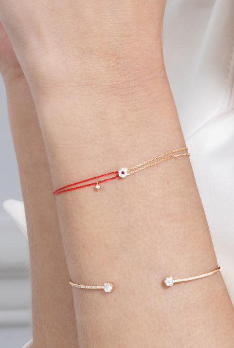 Thread and chain bracelet in rose gold with 0.06 ct diamonds and pink sapphire - Redline - 0++