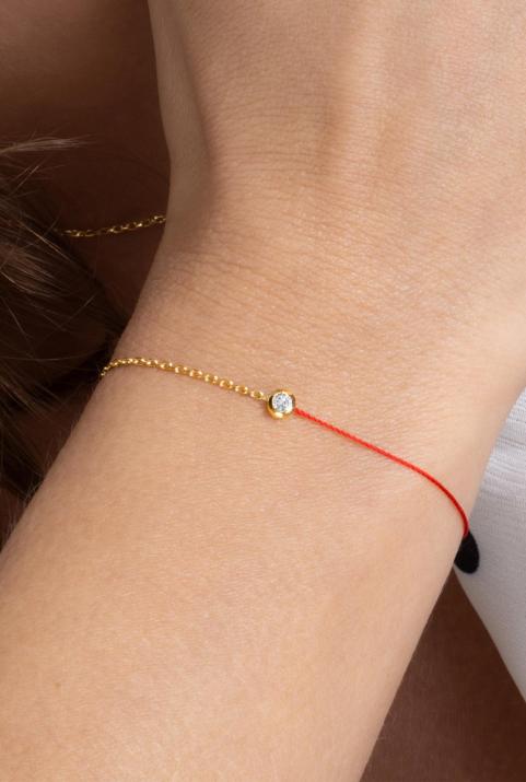 String-Chain Bracelet For Women with 0.10ct Round Diamond in Yellow Gold Bezel Setting - Redline - 0++