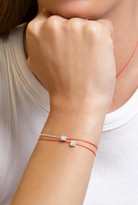 String Bracelet For Women with 0.10ct Round Diamond in White Gold Square Setting - Redline - 0++