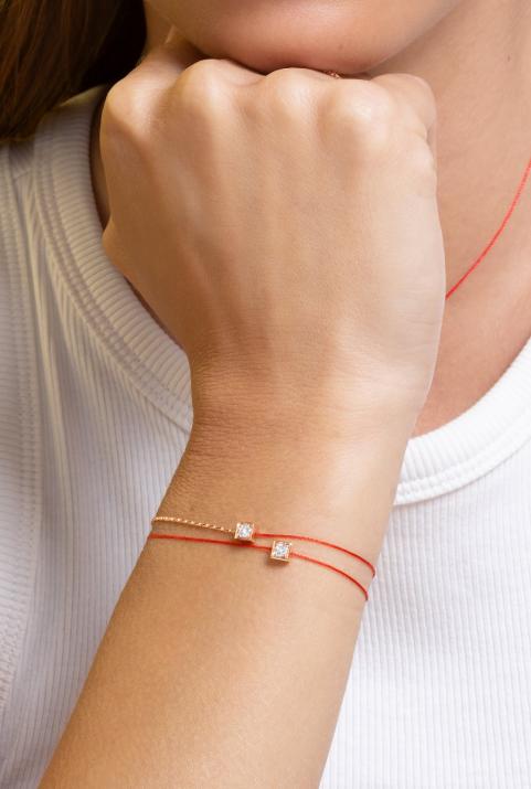 String Bracelet For Women with 0.10ct Round Diamond in Rose Gold Square Setting - Redline - 0++