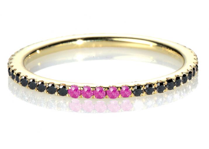 Bangle Ring with 0.33ct Round Black Diamond and 5 rubis in Yellow Gold Prong Setting - Redline - 0++