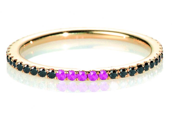 Bangle Ring with 0.33ct Round Black Diamond and 5 rubis in Rose Gold Prong Setting - Redline - 0++