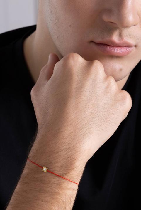 String Bracelet For Men with 0.10ct Round Diamond in Yellow Gold Square Setting - Redline - 0++