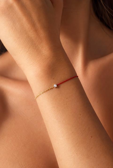 String-Chain Bracelet For Women with 0.08ct Round Diamond in Yellow Gold Prong Setting - Redline - 0++