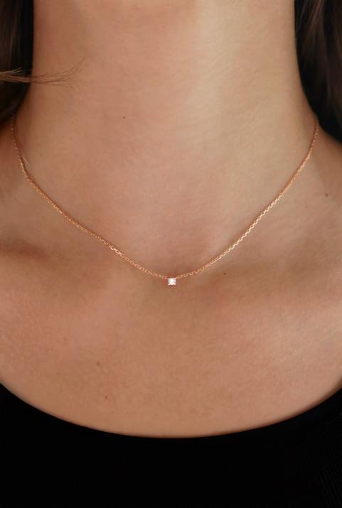 Chain Necklace For Women with 0.08ct Round Diamond in Rose Gold Prong Setting - Redline - 0++