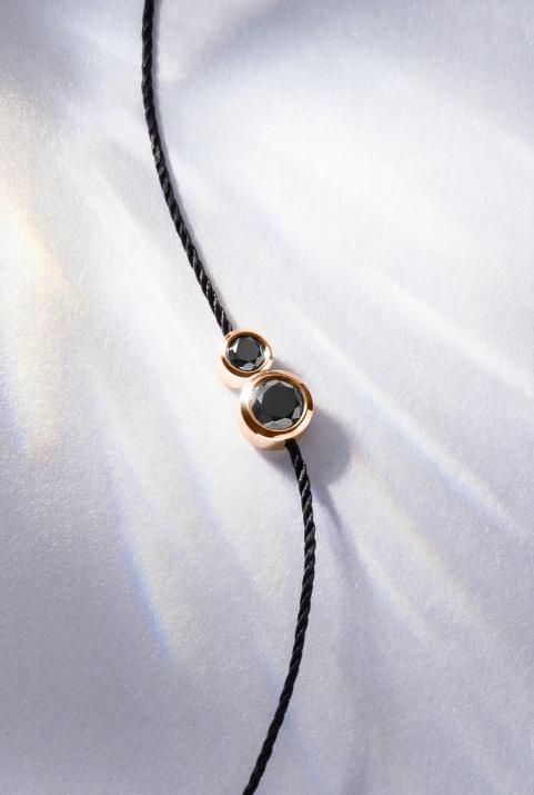 String Bracelet For Men with 0.15ct Round Black Diamond in Rose Gold Bezel Setting - Redline - 0++