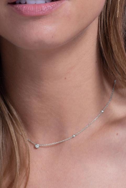 Chain Necklace For Women with 0.14ct Round Diamond in White Gold Bezel Setting - Redline - 0++