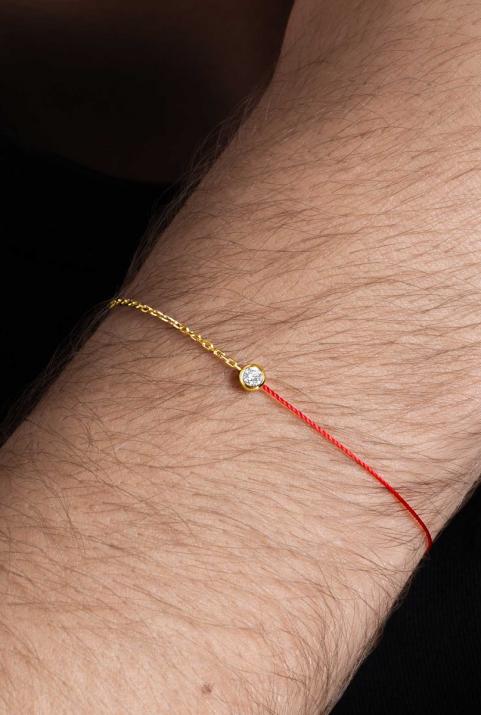 String Bracelet For Men with 0.10ct Round Diamond in Yellow Gold Bezel Setting - Redline - 0++