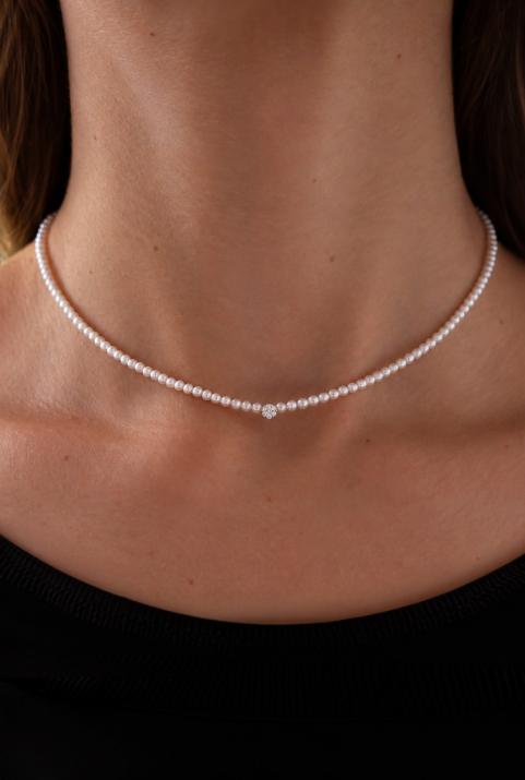 String Necklace For Women with 0.05ct Round Diamond in White Gold Cluster Setting - Redline - 0++