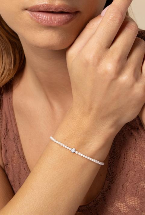 String Bracelet For Women with 0.10ct Round Diamond in White Gold Bezel Setting - Redline - 0++
