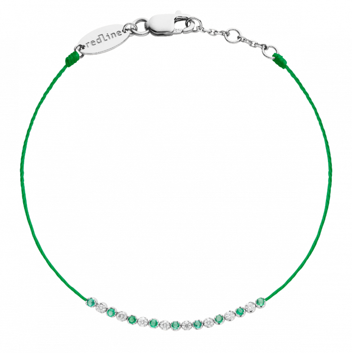 String Bracelet For Women with 0.12ct Round Diamond and Emeraldin White Gold Prong Setting - Redline - 0++