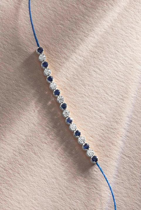 String Bracelet For Women with 0.14ct Round Diamond and Sapphirein White Gold Prong Setting - Redline - 0++