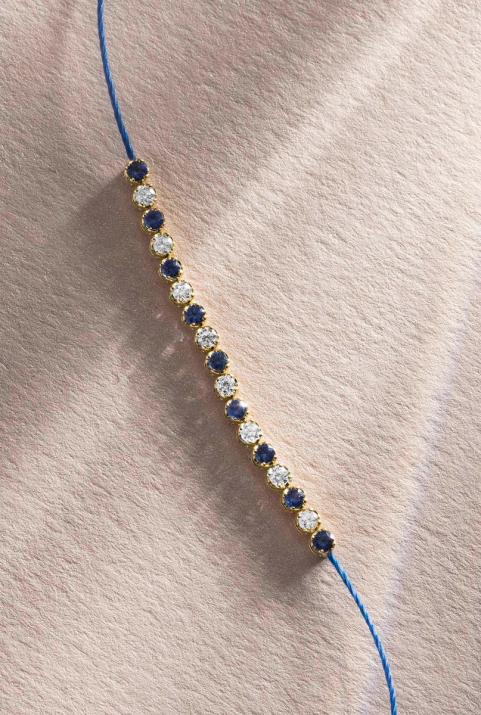 String Bracelet For Women with 0.14ct Round Diamond and Sapphirein Yellow Gold Prong Setting - Redline - 0++