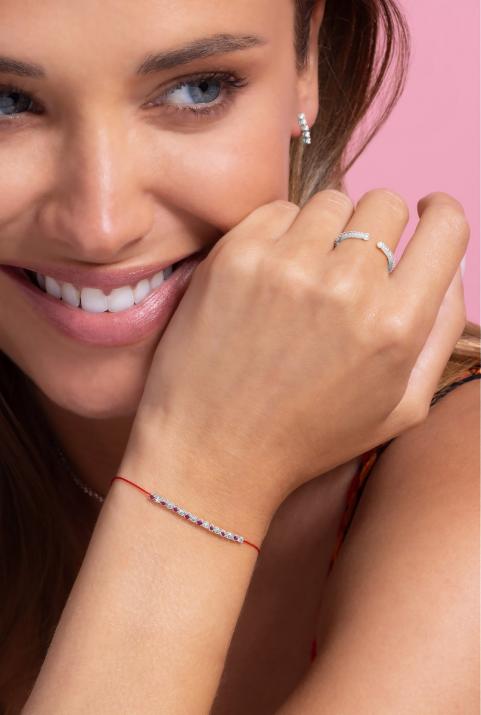 String Bracelet For Women with 0.16ct Round Diamond and Rubis in White Gold Prong Setting - Redline - 0++