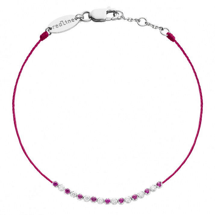 String Bracelet For Women with 0.16ct Round Diamond and Rubis in White Gold Prong Setting - Redline - 0++
