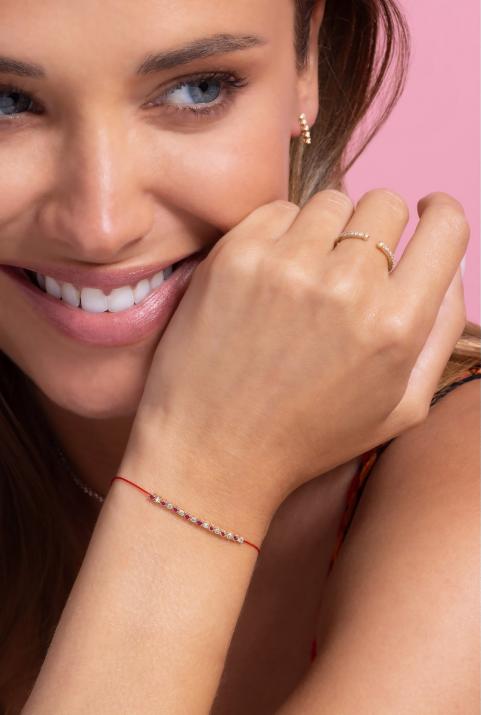 String Bracelet For Women with 0.16ct Round Diamond and Rubis in Rose Gold Prong Setting - Redline - 0++
