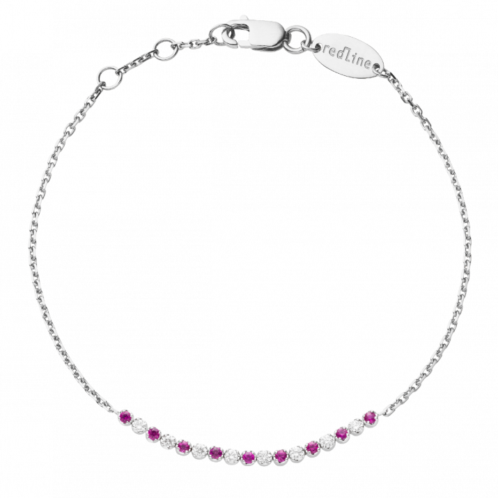 Chain Bracelet For Women with 0.16ct Round Diamond and Rubis in White Gold Prong Setting - Redline - 0++