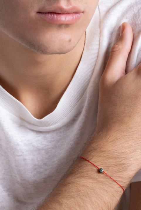 String Bracelet For Men with 0.21ct Round Black Diamond in Black Gold Prong Setting - Redline - 0++
