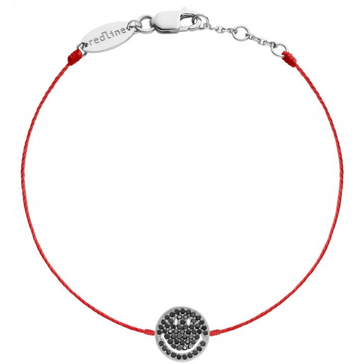 String bracelet with pave black diamonds smiley in white gold - Redline - 0++