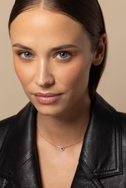 Chain Necklace For Women with 0.06ct Oval Diamond and Sapphire in Yellow Gold Prong Setting - Redline - 0++