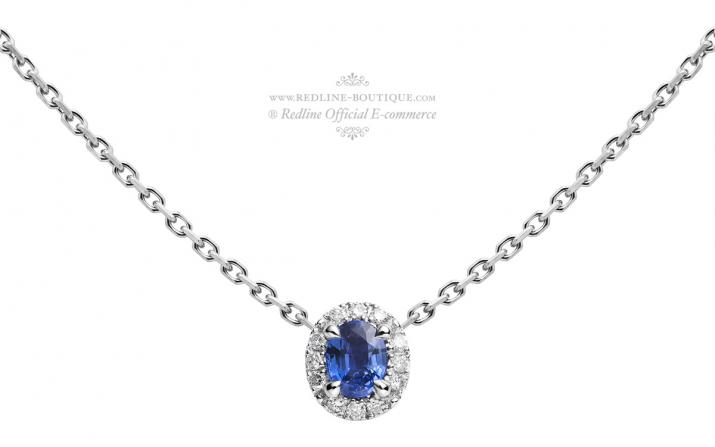 Chain Necklace For Women with 0.06ct Oval Diamond and Sapphire in White Gold Prong Setting - Redline - 0++