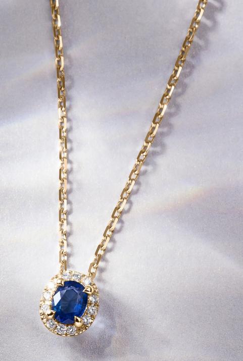 Chain Necklace For Women with 0.06ct Oval Diamond and Sapphire in Yellow Gold Prong Setting - Redline - 0++