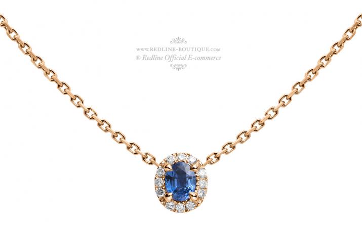 Chain Necklace For Women with 0.06ct Oval Diamond and Sapphire in Rose Gold Prong Setting - Redline - 0++