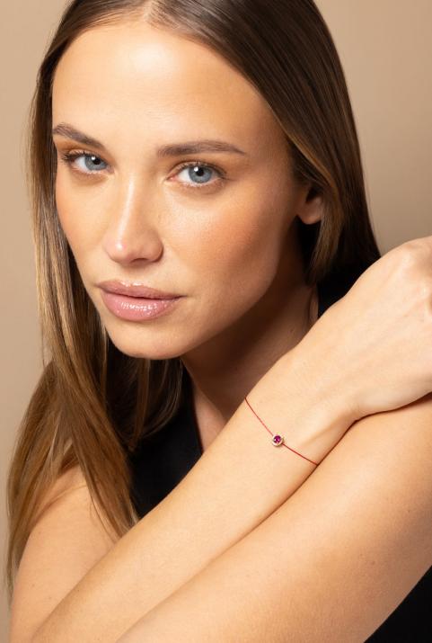 String Bracelet For Women with 0.06ct Oval Diamond and Rubis in Yellow Gold Prong Setting - Redline - 0++