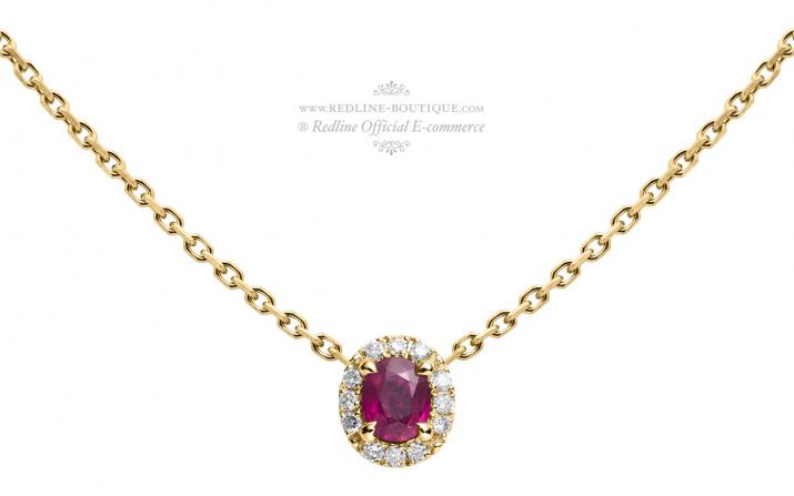 Chain Necklace For Women with 0.06ct Oval Diamond and Rubis in Yellow Gold Prong Setting - Redline - 0++
