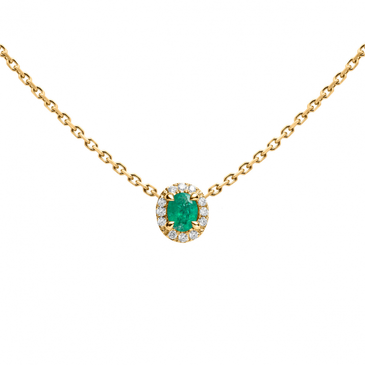 Chain Necklace For Women with 0.07ct Oval Diamond and Emeraldin Yellow Gold Prong Setting - Redline - 0++