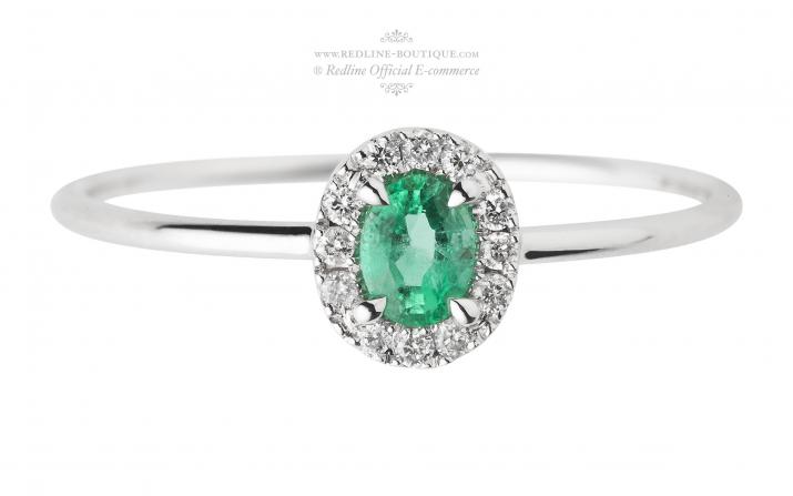 Ring with 0.06ct Round Diamond and Emerald in White Gold Prong Setting - Redline - 0++